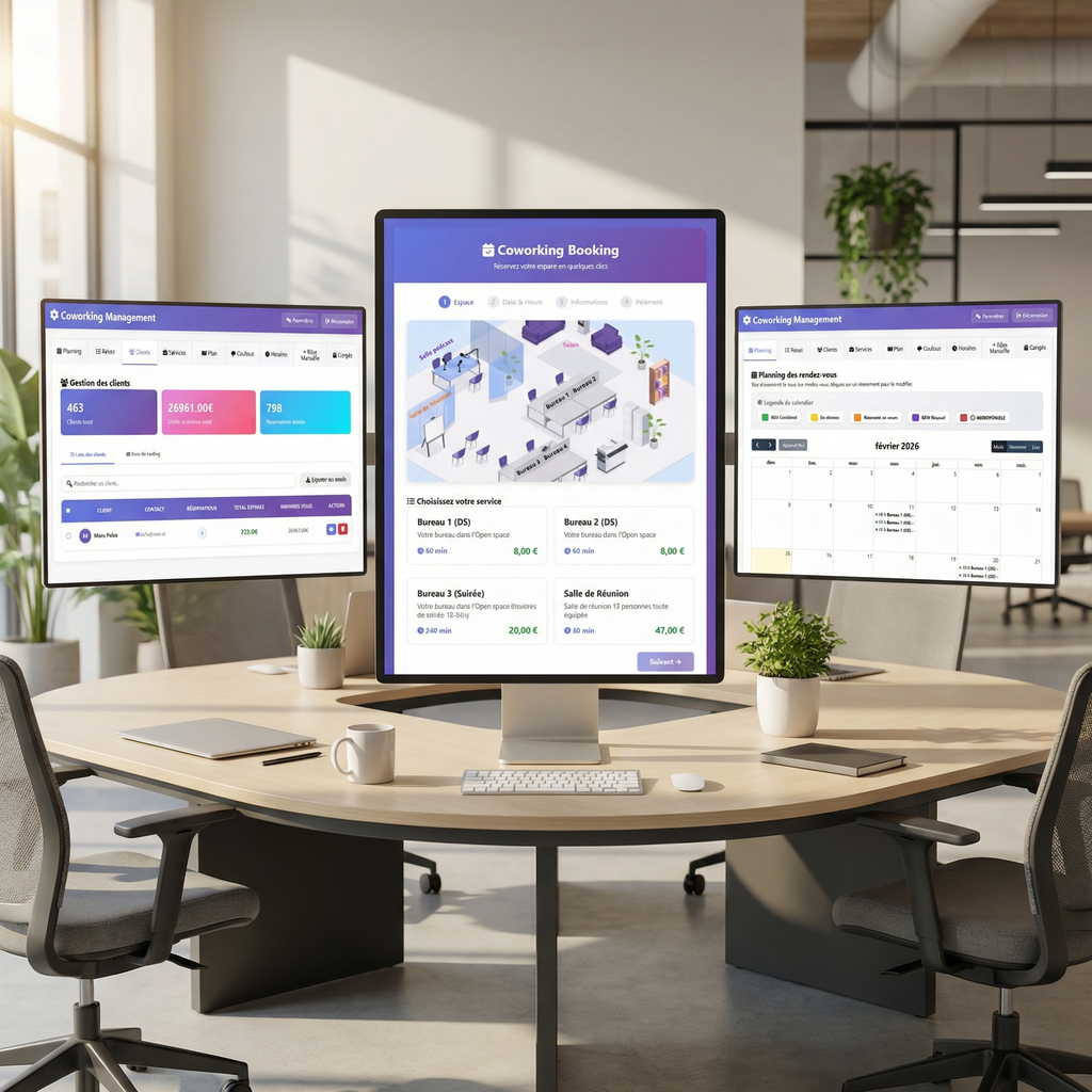 Tableau de bord administrateur coworking — Planning, abonnements, facturation